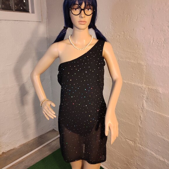 Shein Black One Shoulder Sheer Sequin Diamonds Over-lay Dress Bodysuit Size L - Picture 1 of 11